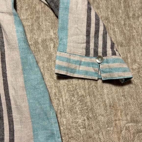 XL 100% Linen Tunic button up striped LONG shell buttons long sleeve Beachy - Picture 3 of 8